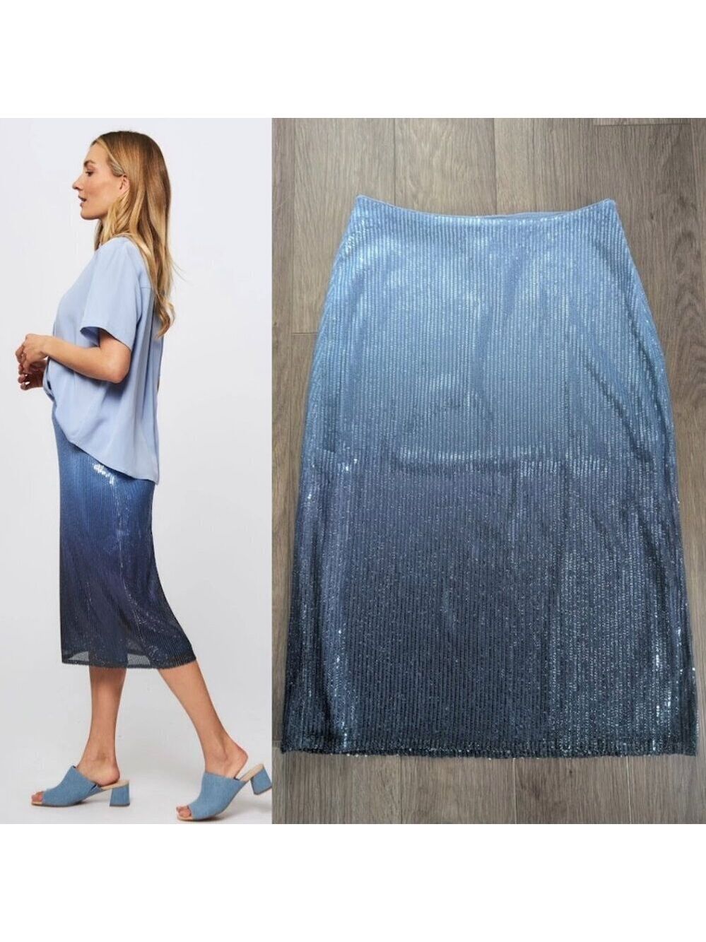 NWT Samsoe Samsoe | Saagneta Sequins Pencil Midi Skirt In Blue Heron Ombre